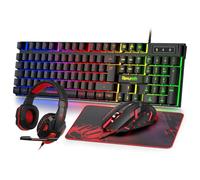 Rewurnth Ensemble clavier et souris de jeu avec casque, clavier QWERTZ DE, clavier lumineux RVB, 4 couleurs, souris de jeu LED, casque over-ear, grand tapis de souris, USB filaire pour PC, Mac, PS5