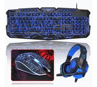 Rewurnth Ensemble clavier et souris de jeu avec casque, clavier QWERTZ DE, clavier rétroéclairé, 4 couleurs, souris de jeu LED, casque Over-Ear, grand tapis de souris, ensemble PC 4 en 1 pour Mac PS5