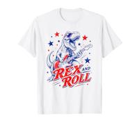 Rex and Roll T-Rex Dinosaure Jouant de la Guitare Rouge/Bleu T-Shirt