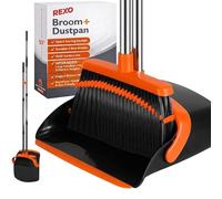 REXO - Ensemble pelle et balayette réglables à long manche de 140 cm. Ensemble de balayette ergonomique avec long manche, balai de hall pour balayer tous les jours (orange, gris)