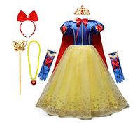 REXREII Filles Robe de Princesse Blanche Neige Déguisement avec Cape Anniversaire Cérémonie Snow White Costume Robe de Soirée Noël Fête Halloween Carnaval Costume Accessoires 5-6 Ans