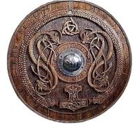 REXRYZ Bouclier viking médiéval pour cosplay, jeu de rôle, viking avec ornements runiques nordiques sculptés en bois usé par la bataille, bouclier viking authentique prêt au combat.