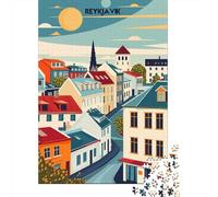 Reykjavik Cityscape Travel Poster Puzzle Adulte 1000 Pièces, 38x26cm/1000pcs; Pièces Blanches avec Peu De Poussière; Défi À Relever Seul Ou À Plusieurs