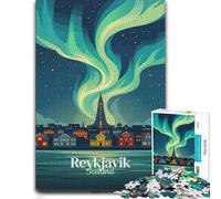 Reykjavik Iceland Nightscape Illustration Puzzle en Bois, 1000 pièces | Défi commun pour les proches : moment puzzle seul ou à plusieurs.
