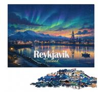 Reykjavik Iceland Nightscape Illustration Puzzle en Bois, 500 pièces | Présent de Noël pour passionné avec moment puzzle seul ou à plusieurs sur plusieurs sessions.