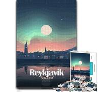 Reykjavik Iceland Nightscape Vector Illustrat Puzzle en Bois, 300 pièces | Cadeau pour amateur de puzzle - loisir calme d'intérieur pour adulte seul ou à plusieurs.