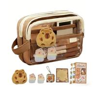REYOK Capybara Trousse à crayons, trousse transparente avec 20 autocollants, 1 bloc-notes, 1 porte-clés, 2 marque-pages magnétiques, 1 peluche et 2 broches Capybara Fournitures scolaires, marron, Mode
