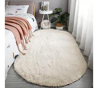 Reyox Tapis Ovale à Poils Longs Doux Moelleux, Tapis Unie Décoratif Antidérapant pour Salon Chambre Beige 60 x 90 cm