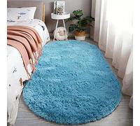 Reyox Tapis Ovale à Poils Longs Doux Moelleux, Tapis Unie Décoratif Antidérapant pour Salon Chambre Bleu Clair 100 x 160 cm