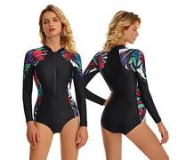 REZELADA Womens Rash Guard Swimsuit One Piece Long Sleeve Bathing Suit UV Protection Printed Mock Neck Zipper Surfing Swimwear (黑色,XXL)