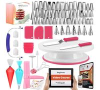 RFAQK Kit de décoration de gâteaux - 200 pièces avec plateau tournant - niveleur à gâteau - 55 douilles numérotées et douilles avec tableau de motifs et e-book - 110 poches à glaçage - Spatule droite