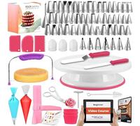 RFAQK Kit de décoration de gâteaux - 200 pièces avec plateau tournant - niveleur à gâteau - 55 douilles numérotées et douilles avec tableau de motifs et e-book - 110 poches à glaçage - Spatule droite