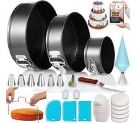 RFAQK Lot de 100 moules à gâteau pour la cuisson - Fournitures de cuisson avec 3 moules à charnière antiadhésifs (10,2 cm, 17,8 cm, 22,9 cm), embouts de tuyauterie, niveleur de gâteau - Moule à