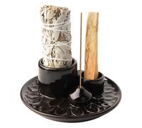 Rfeeuubft Bougeoir 4 en 1 - Porte-Encens et Bougeoir - Porte-Encens en Céramique - Plateau Récupérateur de Cendres pour Salle de Méditation - Noir et Marron