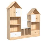 RFEGJVII Bibliothèque en forme de château, combinaison à plusieurs niveaux, bibliothèque pour enfants en forme de U avec étagères ouvrantes pour enfants, 2 granges et 2 tiroirs, étagère de rangement