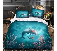 RFFLUX 3D Dauphin Housse de Couette 240x260 cm 2 Personne 3 Pièces Microfibre Ultra Doux Dauphin Parure de Lit avec Fermeture éclair avec 2 Taies d'Oreillers 50x75 cm(Style 46-18)
