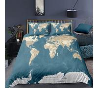 RFFLUX 3D Microfibre Parure de Lit Carte du Monde 140x200 cm 1 Personne 3 Pièces Ultra Doux Vintage Peint Housse de Couette avec Fermeture éclair Enfant GarçOn avec 2 Taies d'Oreillers 50x75 cm