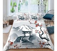 RFFLUX Parure de Lit Japon Sakura 200x200 cm 2 Personnes 3 Pièces Ultra Doux Peinture à L'aquarelle Mont Fuji Housse de Couette en Microfibre avec Fermeture éclair Enfant avec 2 Taies d'Oreillers