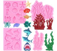RFGHAC Lot de 4 moules à fondant en forme de requin océan, coquillage, étoile de mer, pieuvre, tortue, corail, chocolat, bonbons, pour décoration de gâteaux, pâte à sucre, pâte polymère
