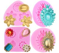 RFGHAC Lot de 4 moules à fondant pour bijoux vintage européens - Broche en pierre précieuse et diamant - Moules en silicone pour décorer les gâteaux, les décorations de cupcakes, les bonbons, l'argile