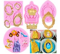 RFGHAC Lot de 4 moules en silicone pour cadres photo Cendrillon Fondant Baroque Cadre photo Couronne Château Princesse Robe Chaussures en cristal Moules pour décoration de gâteau Cupcake Topper