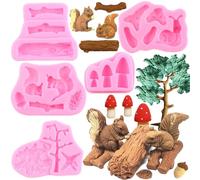 RFGHAC Lot de 5 moules en silicone en forme d'animal de la forêt, écureuil, escargot, champignon, pomme de pin, moule à fondant, souche, tronc, bonbons, moule pour décoration de gâteaux, pâte à sucre,