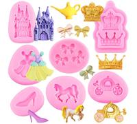 RFGHAC Lot de 7 moules en silicone pour fondant Cendrillon Château Citrouille Carrosse Robe Princesse Chaussures Noeud Couronne Chocolat Bonbons Moule en silicone pour décoration de gâteaux Cupcake