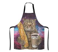 RFSHOP Tablier de cuisine réglable avec motif chat galaxie, le chat tient une tasse de café noir et une baguette tablier de cuisine pour homme et femme, photo, taille unique