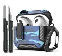 RFUNGUANGO Coque pour AirPods 3e avec kit de Nettoyage, Armure de Protection Rigide Militaire avec verrou pour boîtier de Charge AirPod Gen 3 2021, LED Avant Visible,Camouflage Bleu