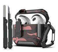RFUNGUANGO Coque pour AirPods 3e avec kit de Nettoyage, Armure de Protection Rigide Militaire avec verrou pour boîtier de Charge AirPod Gen 3 2021,Camouflage Rouge
