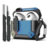 RFUNGUANGO Coque pour AirPods 3e avec kit de Nettoyage, Armure de Protection Rigide Militaire avec verrou pour boîtier de Charge AirPod Gen 3 2021,Fibre de Carbone Bleu