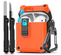 RFUNGUANGO Étuis Compatible avec Airpods 2ème et 1ère génération Pop-up Automatique avec Clip de Verrouillage de sécurité, Coque Rigide Antichoc sur Tout Le Corps,Orange