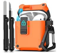 RFUNGUANGO pour Airpods 2ème/1er étui avec kit de Nettoyage, Pop-up Automatique avec Clip de Verrouillage de sécurité, Coque Rigide Antichoc sur Tout Le Corps,Boîtier Orange pour Interrupteur Noir