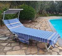 RFVVV-® Serviette de Plage Riviera 75x195cm en Coton, à Rayures/Serviette de Plage Chaise Longue avec Coussin, Poches et Sac de Transport/Bleu et Rouge