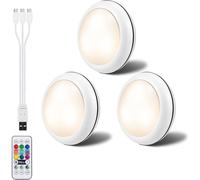 Rgbw Rechargeable Cabinet Lighting Spot Lights 1000Mah Battery 16 Colour Modes Led Night Light With Remote Control For Bedroom Kitchen Cabinet Wardrobe Closet Pack Of 3