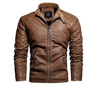 RGVV Blouson Cuir Moto Vintage, Vestes De Moto Créatives Blouson Aviateur Brun À Carreaux Uni Créatif Décontracté Manteau en Cuir PU Polaire Chaud Coupe-Vent avec Poche pour Sport Extérieur Intéri