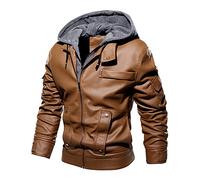 RGVV Blouson Homme Cuir, Creative Plain Sweat À Capuche Moto Créatif Marron Bomber Veste Casual Warm Fleece PU Manteau en Cuir Coupe-Vent avec Poche pour Sports D'Intérieur Et D'Extérieur,XL