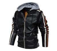 RGVV Veste en Cuir Homme, Sweat À Capuche De Moto Vintage Classique Rayures Créatives Blouson Bomber Noir Décontracté Manteau en Cuir PU en Molleton Chaud Coupe-Vent avec Poche pour Sports D'Intérie