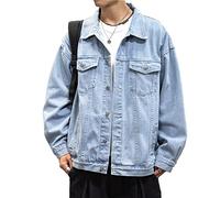 RGVV Veste en Jean, Veste De Camionneur Légère Washed Jeansjacke Veste en Jean Classique Bleue Veste De Transition Boutonnée Slim Fit Veste Décontractée pour Femme Homme,L
