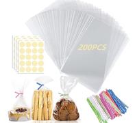 Rhimooay 200 Pcs sachets transparents bonbons, Sachets cellophane 20x15 cm, Sachets cellophane avec bandes colorées & autocollants, Sachets transparents pour bonbons biscuits Pâques Mariage