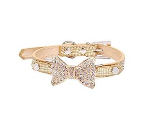 Rhinestone Bowknot Pet Collar Serpentine Gold Butterfly Dog Collar Leather Dog Leash Dog Collar Cats Collar (Gold X)