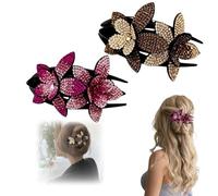 Rhinestone Double Flower Hair Clip,3-Prong Fancy Luxury Crystal Hair Clips,Non Slip Strong Hold Hair Barrette for Thick Hairs,Elegant Hair Accessories for Women (Coffee+Pink)
