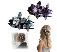 Rhinestone Double Flower Hair Clip,3-Prong Fancy Luxury Crystal Hair Clips,Non Slip Strong Hold Hair Barrette for Thick Hairs,Elegant Hair Accessories for Women (Blue Gray+Purple)
