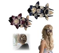 Rhinestone Double Flower Hair Clip,3-Prong Fancy Luxury Crystal Hair Clips,Non Slip Strong Hold Hair Barrette for Thick Hairs,Elegant Hair Accessories for Women (Blue Champagne+Champagne Purple)