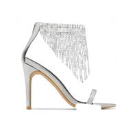 Rhinestone Fringe Sandals Embellished Dangle High Heels Summer Shoes Back Zipper Closure Stiletto Open Toe Women(Silver,35)