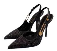 Rhinestones Sequined Buckle Women Pumps Elegant Pointed Toe Slingbacks Stiletto High Heels Spring Summer Fashion Shoes(Black,35)
