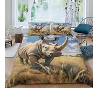 Rhino in Savanna Ensemble De Literie 3 pièces 3D Effet Microfibre résistante Wild Animal Art Style Linge de Lit avec Taie d'oreiller Entretien Facile for Chambre Adulte Double（200x200cm）