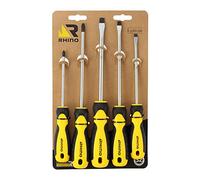 RHINO - Jeu de 5 tournevis plat & cruciforme - Lot de 5 tournevis plat & cruciforme - Lame Acier S2 - Plat (5 à 8 mm) Cruciforme (PH1 / PH2) - Embout magnétique - Usage professionnel - Garantie à vie