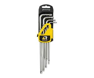 Rhino - Lot de 9 clés mâle longues étoile alésées, jeu de 9 clés torx alésées sur support - Diamètre T10 à T50 - Fabriqué en Acier (Chrome Vanadium) - Haute qualité - Garantie à vie 7192