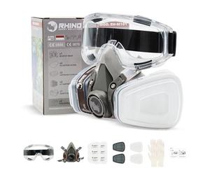 RHINO Smart Solutions Masque Peinture A1 Protection Respiratoire Réutilisable Anti Poussiere, Gaz, Chimique, Resine Epoxy, Travaux du Bricolage | Avec Filtres en Coton, Lunettes de Sécurité, Gants